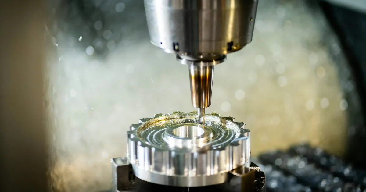 Milling cutter machining a round metal part with cutting coolant, an example of 5 axis vs 3 axis machining work