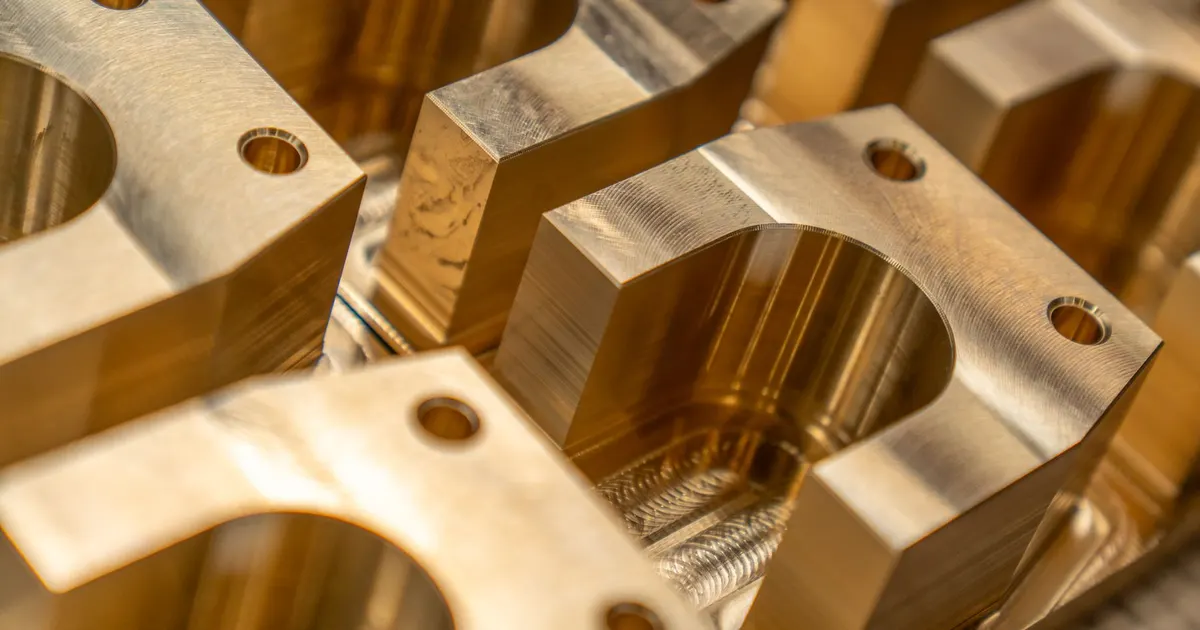 Machined brass-coloured metal blocks with bored holes, typical of brass CNC machining