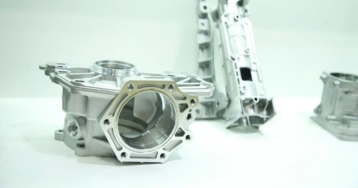 Machined silver aluminium housings with bored openings on a white surface, examples of a CNC machined enclosure