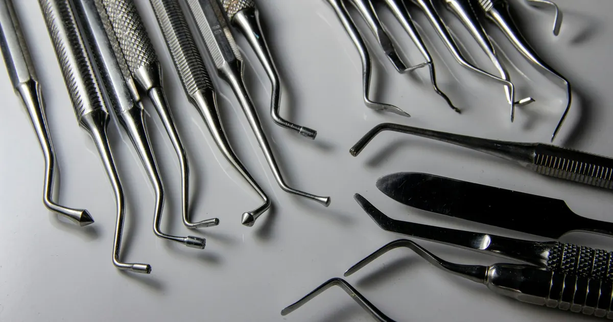 Stainless steel dental and surgical hand instruments laid out on a grey surface, product type related to medical CNC machining in Vietnam