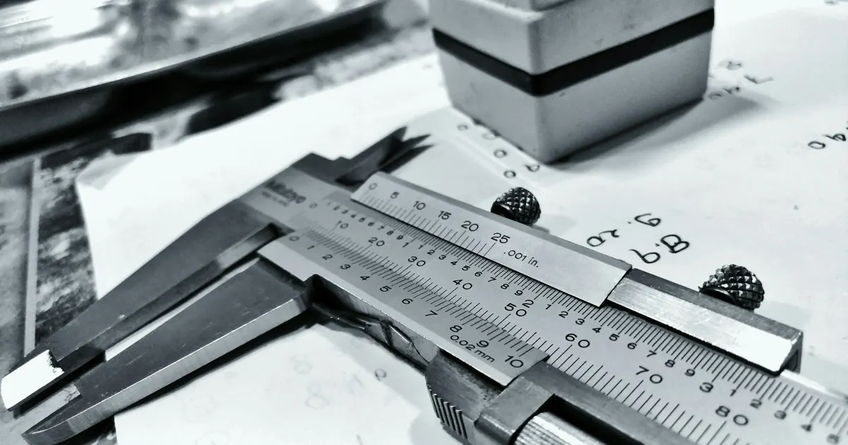 Vernier caliper resting on a technical drawing beside a metal part, a typical step in reverse engineering machined parts