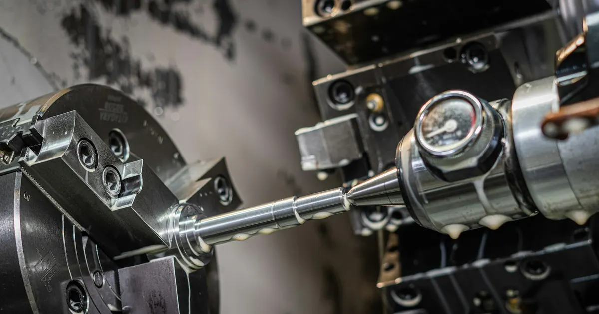 CNC lathe chuck and tooling close to a bar-shaped workpiece, a setup relevant to swiss turning in Vietnam