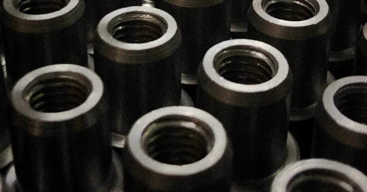 Rows of internally threaded round metal parts, an example of a thread callout on machined parts
